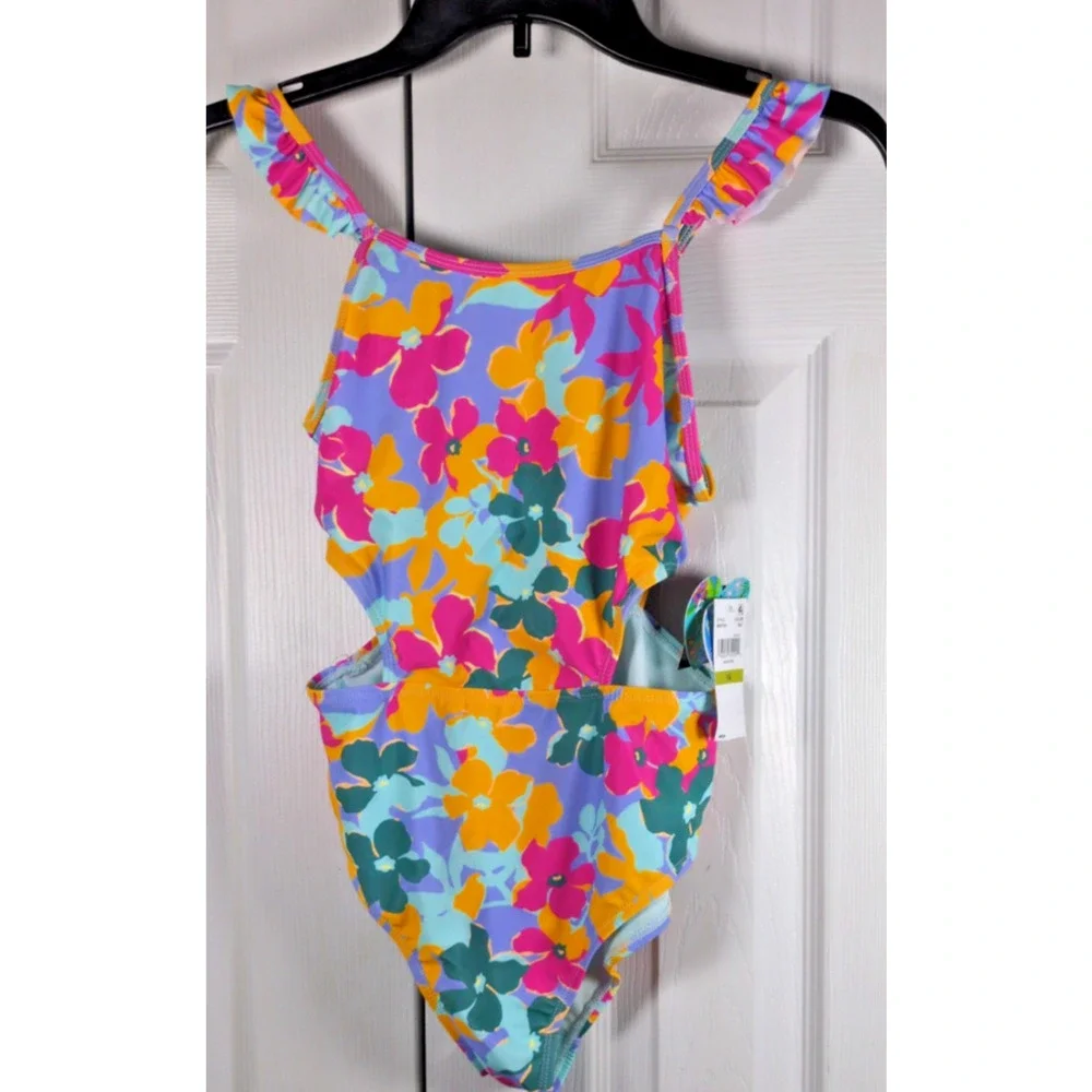 Breaking Waves Girls Sz 14 One Piece Swimsuit Floral Cutout UPF 50+ Monokini NWT